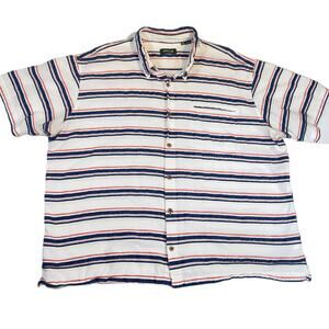 Orvis Button Shirt Men's XXL White Blue Orange Stripe Short Sleeve Linen Feel